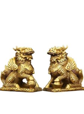 居05643131纯室铜麒麟家装饰品一对踩八卦办公麒麟摆件客厅摆黄件