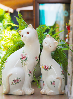 玫瑰小镇 特色手工彩绘情侣陶瓷对猫 实用家居庭院花园装饰摆件