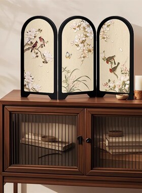 新中式花a鸟屏风桌面摆件创意装饰画中古风摆画可折叠礼物2025新