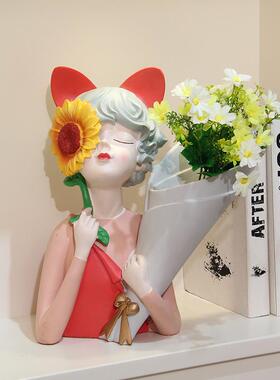 向日葵抱花女孩干花客瓶摆件捧花花少女BN21-10新厅电视柜装饰乔
