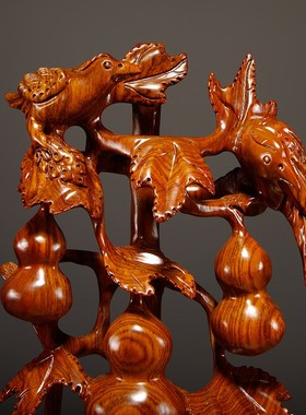 花梨木雕五福临门葫芦摆件实木家居客厅玄关酒柜电视柜红木工艺品