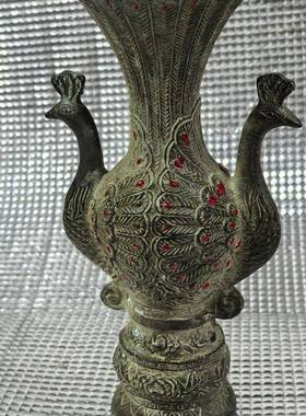 仿古做旧古玩老青铜孔雀铜器摆件仿古青铜装孔吉雀瓶祥如意双凤瓶