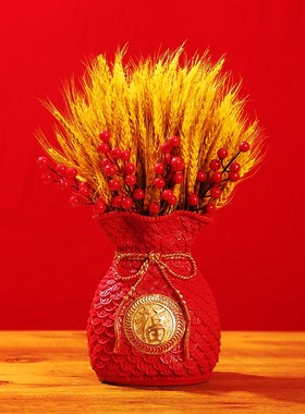 喜庆大麦干花红果福袋钱袋客厅树脂花瓶麦穗开业乔迁结婚年味摆件