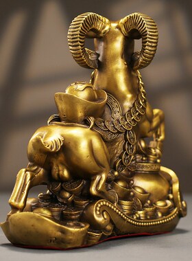 铜羊摆件聚宝盆羊摆件黄铜羊生肖羊三羊开泰家居办公室摆设工艺品