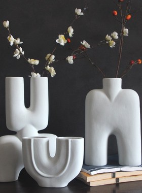 白色素烧陶瓷花瓶摆件家居客厅装饰品样板间玄关摆设不规则套装