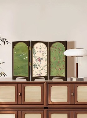 中古风桌面屏风摆件绿色飞鸟客厅玄关边柜餐厅卧室床头装饰画摆画