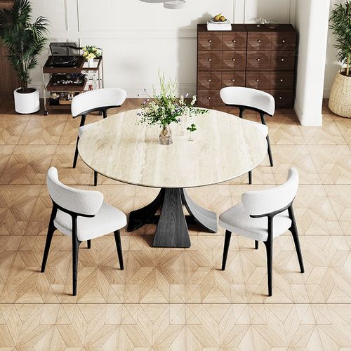 HERZZI高端德利丰黑胡桃木纹岩板实木圆形餐桌子家用带转盘小户型 - 图0