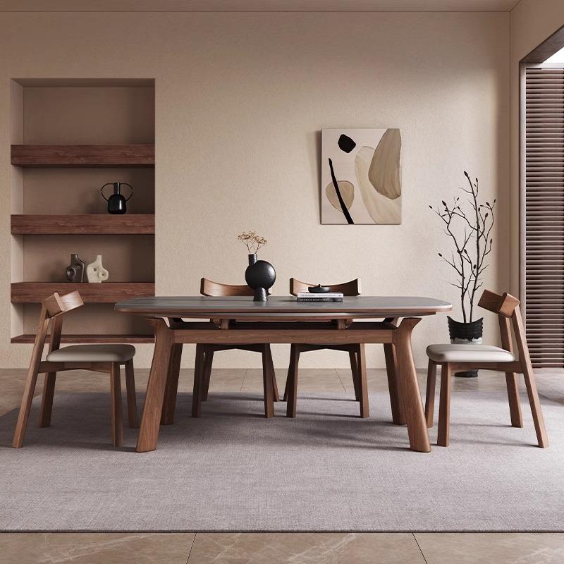 MH伸缩岩板实木餐桌家用小户型可变圆桌现代简约方圆两用伸缩餐桌 - 图0