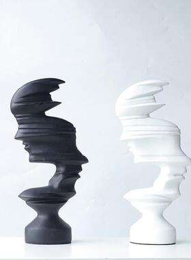 现代饰简约抽象磨黑白GRN双向人脸雕塑摆件客厅酒店软装家居装砂