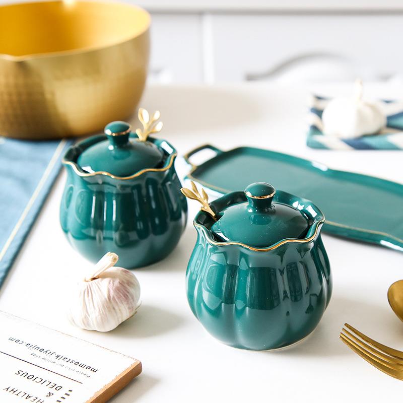 北欧祖母绿调料罐味陶子瓷调味盒套合装组装糖盐精罐家JHY4002用 - 图0