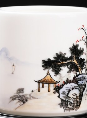 东方泥土 陶瓷手绘山水画笔筒摆件客厅书房博古架装饰送恩师礼品