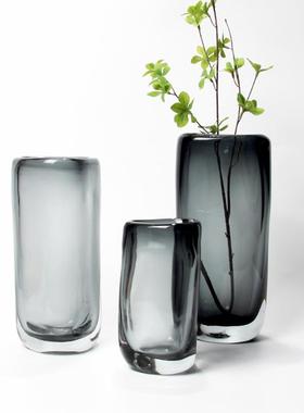 2020约简色现代烟灰三角透水培玻璃花器明迷迭香仿真花玄关装饰摆