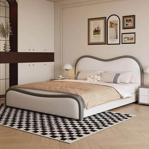 极简奶油风卧实木皮艺简PCS储物床床现代约复古波浪主室双人软体 - 图1