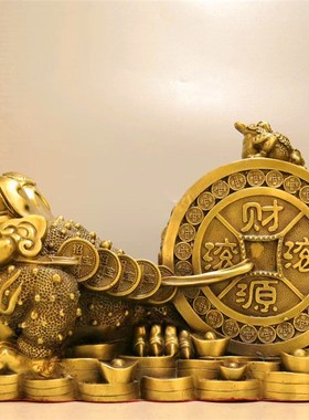 纯黄铜金蟾聚宝盆蟾蜍铜蟾蜍拉铜钱三足铜金蟾开业桌面礼品办公室
