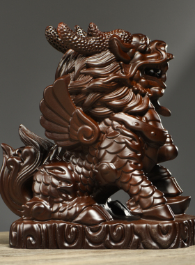 黑檀木雕瑞兽麒麟一对摆件实木质家居客厅电视柜玄关装饰工艺礼品