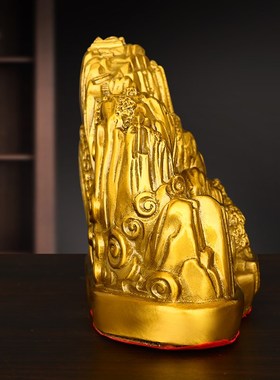 黄铜石敢当摆件五岳独尊泰山靠山石家居装饰铜松树青山绿水金山石