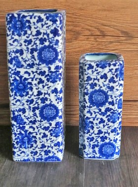 花瓶陶瓷摆件插花桌面方形圆形青花瓷中式复古风花樽养富贵竹瓷瓶