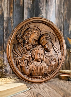 圣家族圆形摆件人物雕刻浮雕室内客厅玄关木制工艺品装饰墙艺术