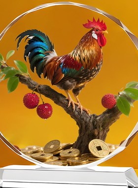 招财鸿运金鸡水晶大公鸡摆件吉祥物办公桌面橱柜装饰乔迁开业送礼