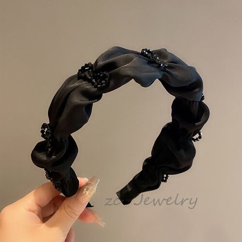 高级感缎面黑色水晶花朵结发箍女宽边褶皱高颅顶发卡2023新款发饰 - 图2