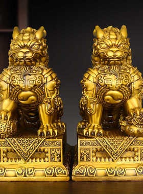 铜麒麟摆件公母一对纯宅直八卦头家居踩黄铜镇火麒麟聚宝盆办公室