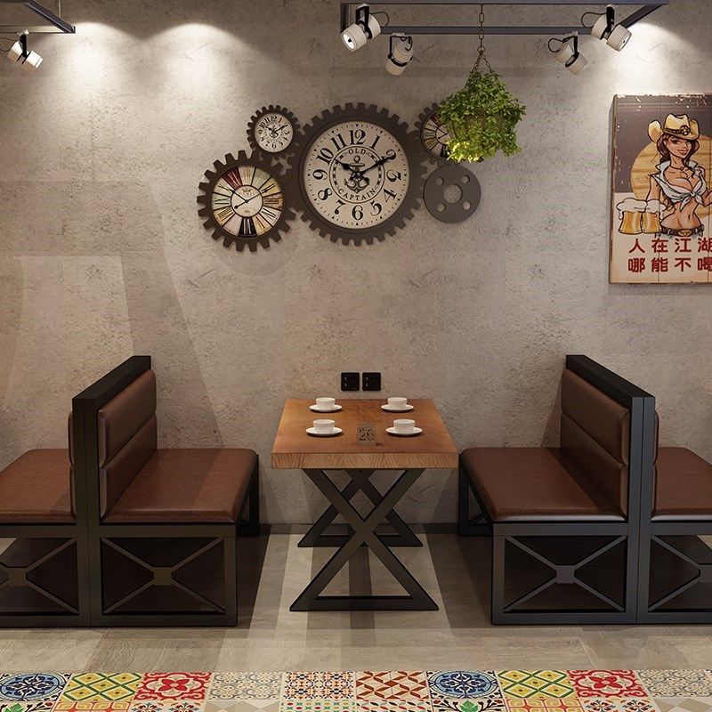 网红咖啡奶茶店卡座沙发组合复古酒吧ktv卡座工业风休闲实木桌椅,淘宝优惠券,粉丝福利购,淘宝优惠卷