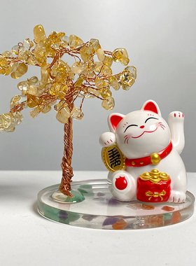 天然黄水晶摆件原石水晶树招财猫卡通车载装饰个性创意车内小饰品