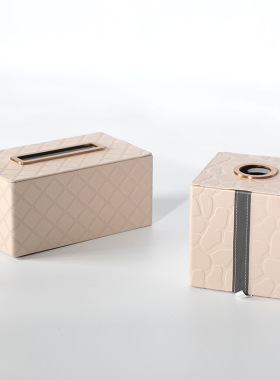 美式家具客厅装饰桌面纸巾盒装饰品样板房卧室皮质皮革纸巾盒摆件