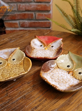 高温彩色猫头鹰陶瓷碟摆设装饰坚果盘钥匙盆肥皂盒摆件