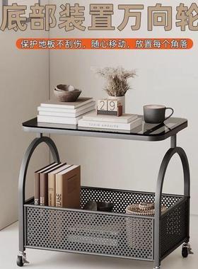 可移动沙发边几奶茶风客厅推带轮小几网红简约玻璃油小车UOJ置物