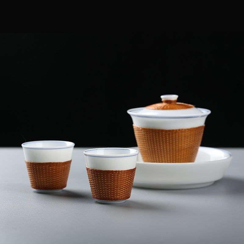 新中式竹编竹丝扣瓷茶杯白瓷盖碗套装家用竹编杯子功夫茶具主人杯,淘宝优惠券,粉丝福利购,淘宝优惠卷