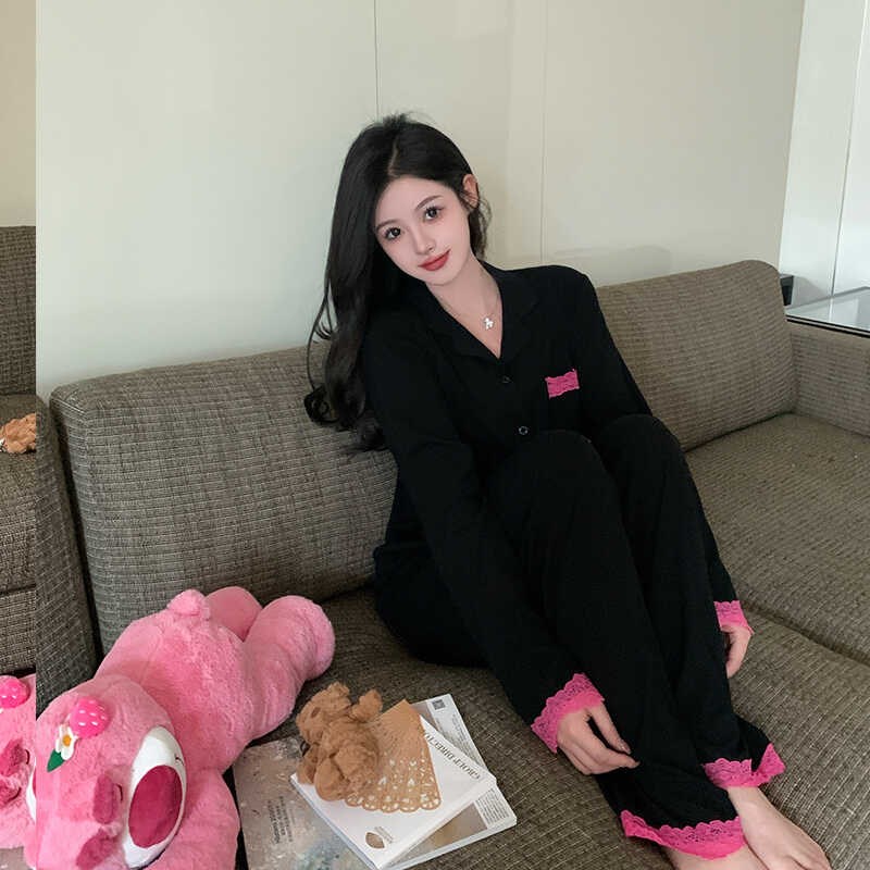 睡衣女春秋季高级感时尚宽松休闲纯棉家居服大码套装两件套可外穿 - 图1