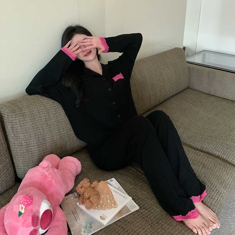 睡衣女春秋季高级感时尚宽松休闲纯棉家居服大码套装两件套可外穿 - 图0