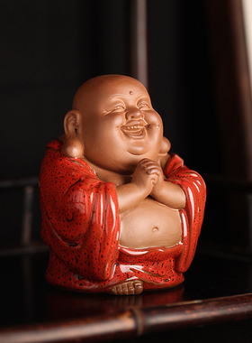 新中式喜庆红弥勒佛摆件客厅玄关书桌博古架佛像装饰茶室桌面摆放