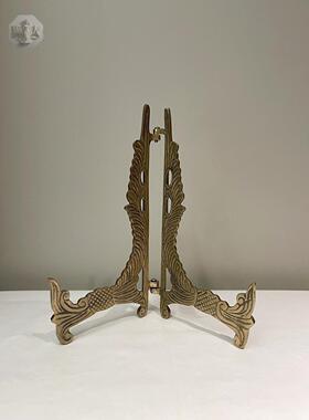印度进口黄铜盘子展示架相框挂画展架装饰茶饼架摆件全铜赏盘支架