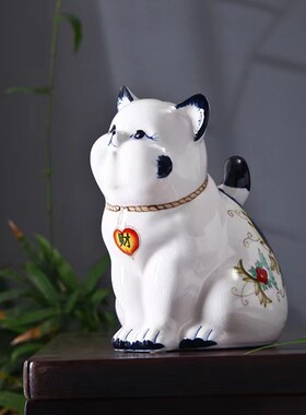 招财猫摆件创意家居客厅电视柜可爱猫咪装饰青花新中式工艺品摆设