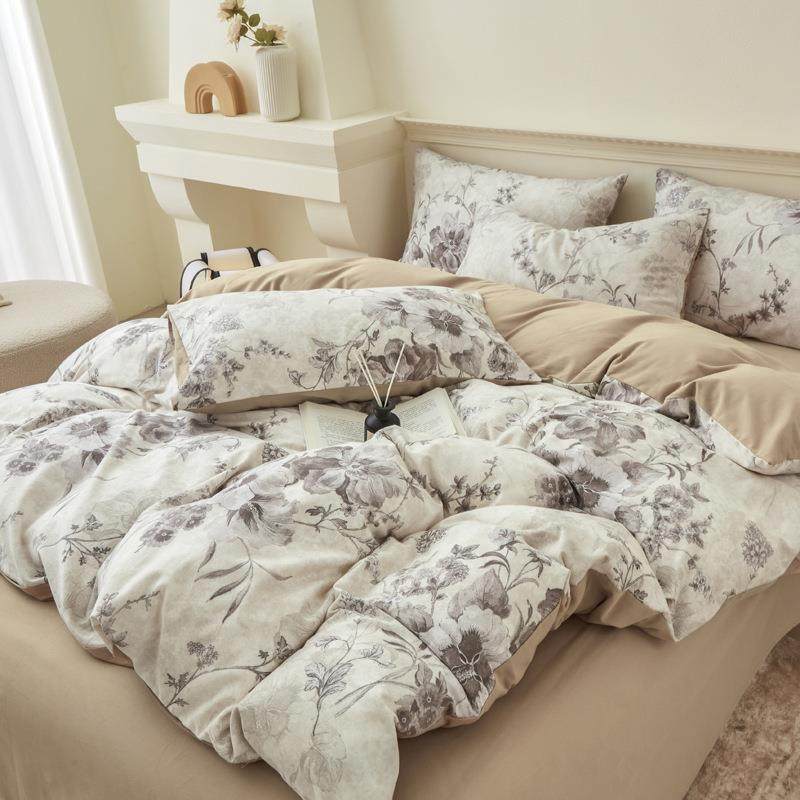 全棉磨毛简约风印花四件套亲肤裸睡床品复古纯棉碎花床单款套件,淘宝优惠券,粉丝福利购,淘宝优惠卷