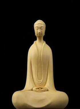 黄杨木雕北魏三圣佛禅意摆件新中式实木质办公客厅玄关桌面摆饰品