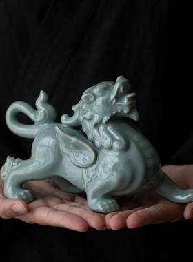 炼器汝窑貔貅摆件一对家居客厅办公室桌面装饰工艺品店铺开业送礼