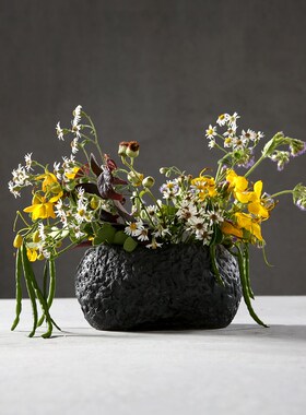 家居饰品 陶瓷仿真石头黑色花瓶 粗陶复古手工花插 水培陶艺插花