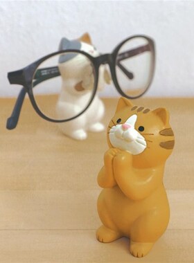 日式猫眼镜架懒人手机架猫笔筒回形针收纳罐可爱办公桌文具小摆件