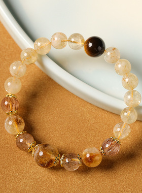 武当山官方晶光闪耀黄水晶发晶手串情侣款蜂蜜奶盖手饰黄虎眼石手