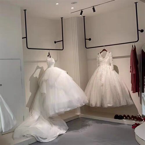 U型悬挂架窗帘纺织服装婚纱展示架女装衣杆黑色倒挂上墙吊架订制 - 图2