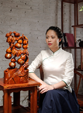 唐趣木雕五福临门摆件福禄寿喜财摆件实木葫芦雕刻工艺品红木摆件