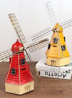 复风车模型6116铁皮工古艺蓄品创意储罐家居柜客厅酒吧橱窗装饰品