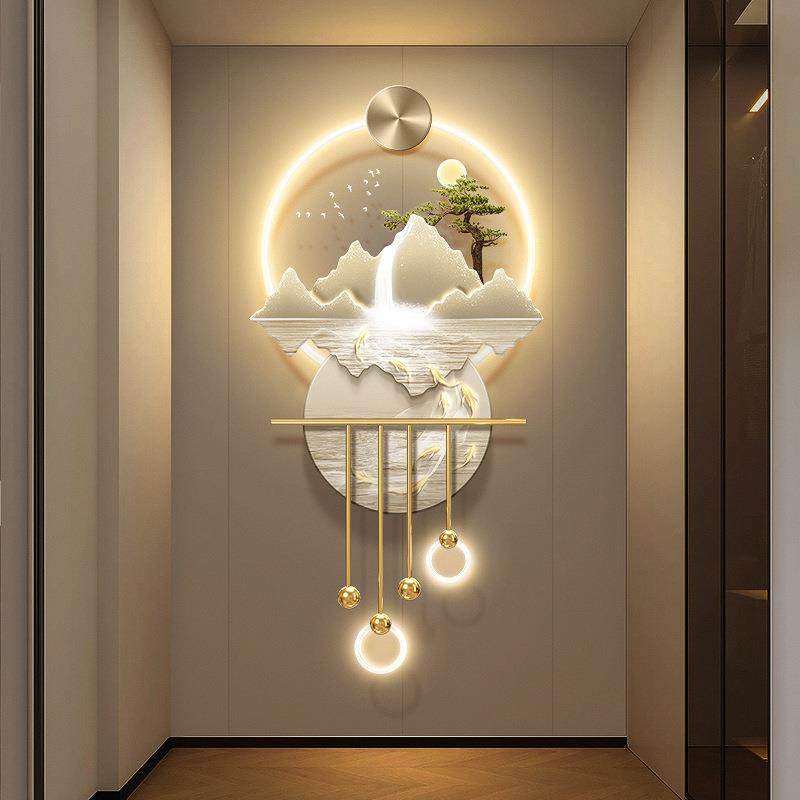 轻奢流水生财玄关装饰画九鱼图入户发光壁饰山水走廊过道带灯挂画,淘宝优惠券,粉丝福利购,淘宝优惠卷