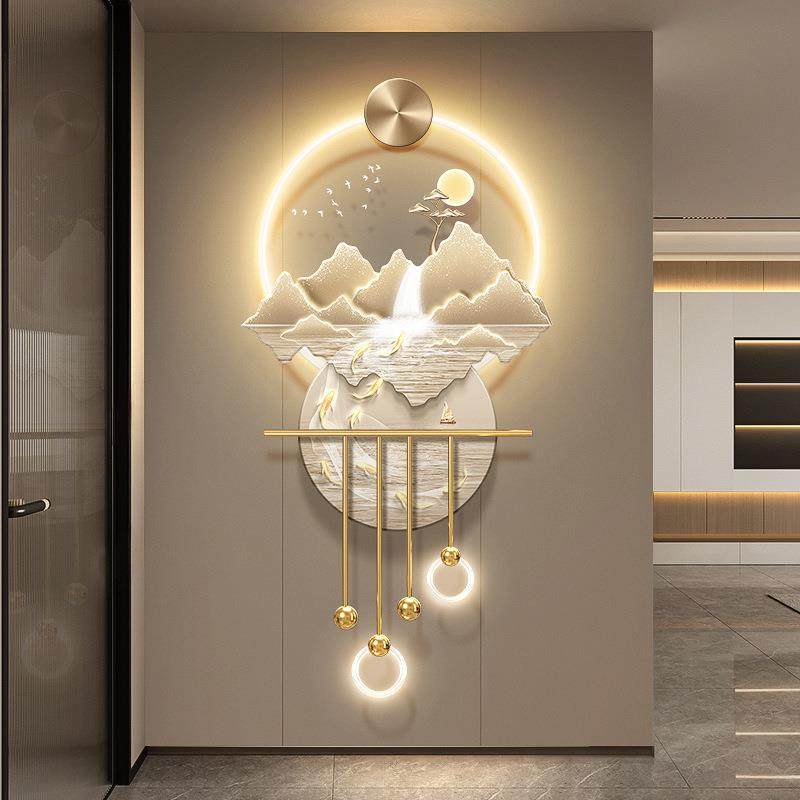 轻奢流水生财玄关装饰画九鱼图入户发光壁饰山水走廊过道带灯挂画,淘宝优惠券,粉丝福利购,淘宝优惠卷