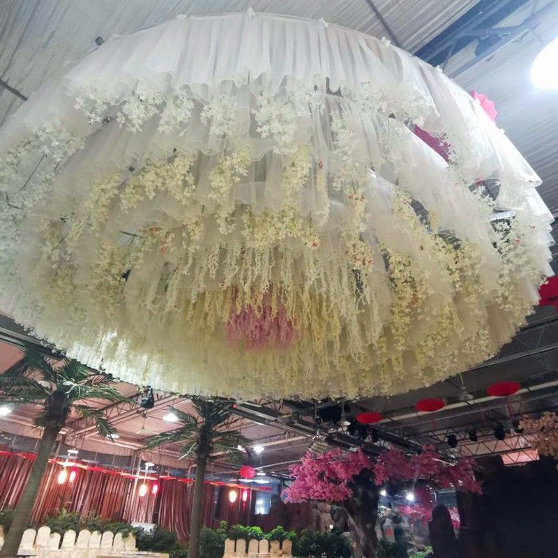 婚庆吊顶纱幔婚礼堂舞台吊顶布置网纱T台云顶纱瑞士纱吊顶装饰 - 图3