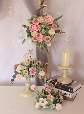 小清新仿真花花艺鸟笼盆栽摆件婚礼签到台桌花装家居桌面装饰