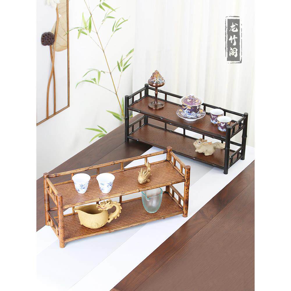 Purple bamboo double-layer tea cup rack bamboo tea set rack cup drying rack tea cup holder household tea set teapot storage display rack